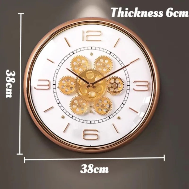 Luxury Round Silent Wall Clocks Creative Gear Rotate Big-numbers Living Room Wall Clock Metal Pointer Vintage Simple Home Decor